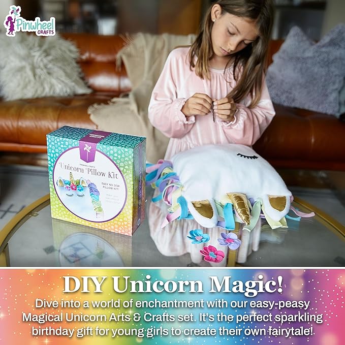 Pinwheel Crafts Unicorn Pillow Kit - DIY Arts and Crafts for Kids Ages 6 7 8-12+ Years, No Sewing Kit for Kids, Unicorn Purple Pillow Craft Kits for Birthday, Christmas Gifts for Girls