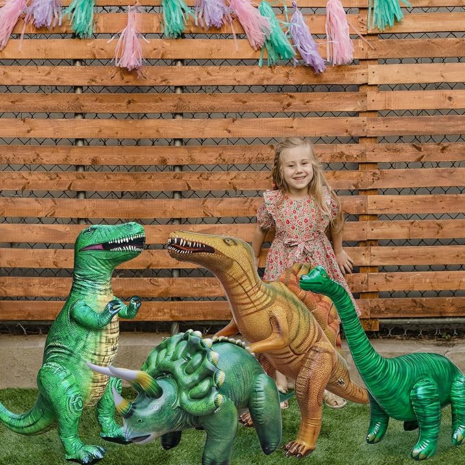 Jet Creations Inflatable Dinosaur 4-Pack – T-Rex (37"), Brachiosaurus (28"), Spinosaurus (31"), Triceratops (20") – Prehistoric Animals for Jurassic Decor, Pool Fun, Party Display, Photo Props
