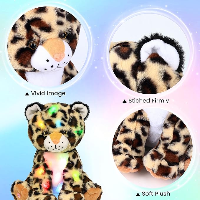 Hopearl LED Plush Leopard Lighting Up Stuffed Cheetah Jungle Wildlife Animal Floppy Night Lights Glow in The Dark Birthday Festival for Kids Toddler Boys, 11''