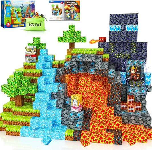 Magnetic Blocks - Build Mine Magnet World Lava Valley Set, 1" Magnetic Cube Building Toys for Kids Ages 3+, Montessori Sensory Toys for Toddlers, Creative Game Themed Toy Gifts for Boys & Girls