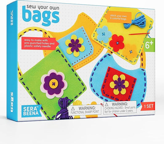 Serabeena Sew Your Own Bags - Sewing Kit for Kids - Felt Crafts for Ages 6-8 Plus - DIY Set Teaches Basic Stitch & Develops Fine Motor Skills - Fun Party Favors or Gifts - 6 Bags & Accessories