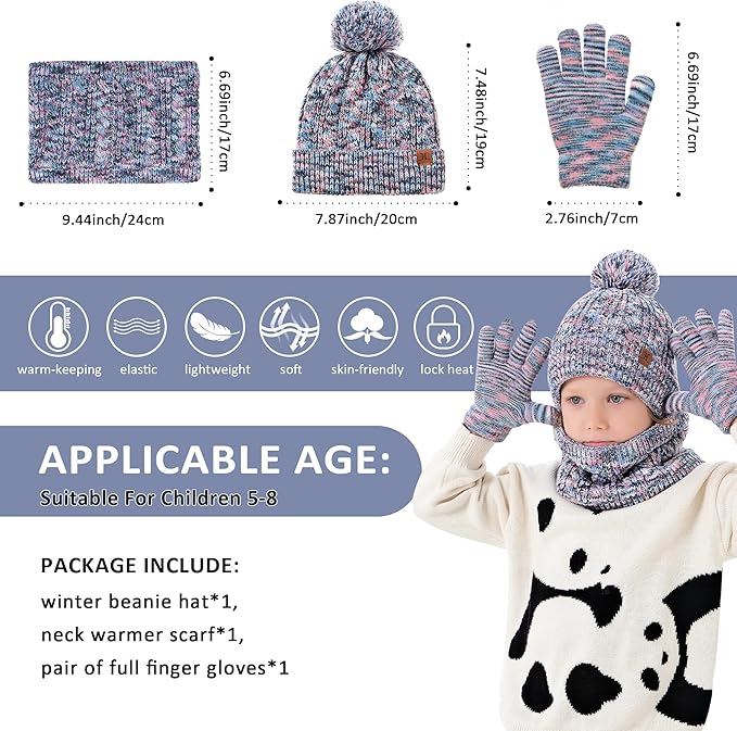 Kids Toddlers Winter Beanie Hats Gloves Neck Scarf Set Mittens Gifts for 0 6 12 Months 1 2 3 4-8 Year Old Baby Girls Boys