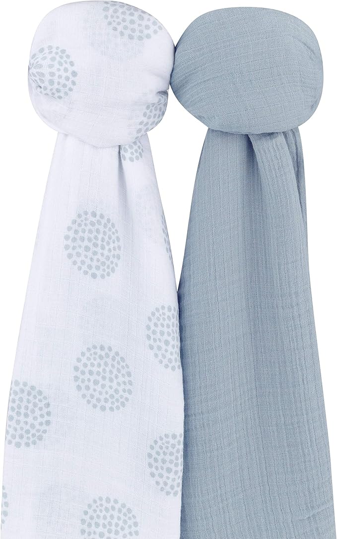 Ely's & Co. Cotton Muslin Swaddle Blanket 2-Pack for Baby Boy — 100% Cotton Muslin Extra-Large Swaddle Blankets (47” x 47”) Misty Blue, Solid & Dottie Design
