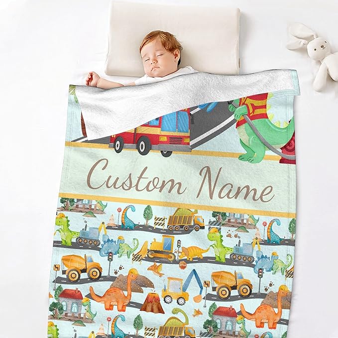 Personalized Baby Blanket for Girls Boys Dinosaur Fire Truck Custom Baby Blanket with Name Swaddle Blanket for Toddlers Infants Kids Shower Newborns Nursery Stroller Crib Decor Throw Birthday Gift