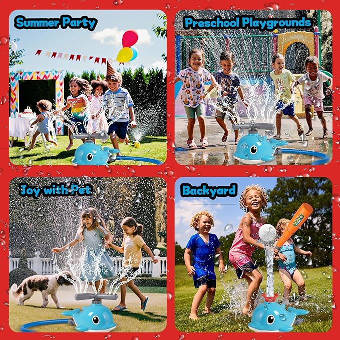 2 in 1 Water Sprinkler Baseball Toy Set for Kids – Whale Shaped Outdoor T-Ball Game & Spinning Splash Toy, Summer Backyard Water Play for Toddlers and Children Ages 3+