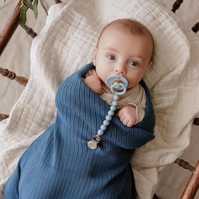 Organic Ribbed Swaddle Blanket for Boys & Girls - 100% Luxury Organic Soft Cotton Knit Warm Cozy Cuddle Stroller Blanket for Newborns, Infants, & Toddlers (Denim Blue)