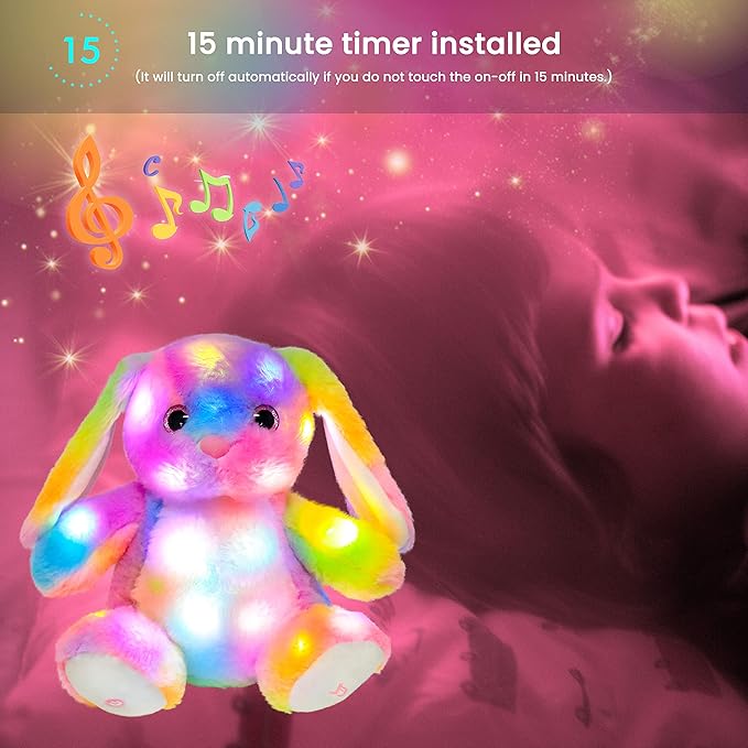 Hopearl LED Musical Stuffed Bunny Colorful Lighting Up Singing Plush Rabbit Adjustable Volume Lullaby Animated Soothe Birthday Festival for Kids Toddlers, 10''
