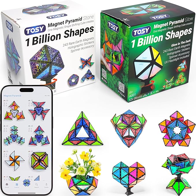 TOSY Magnet Pyramid - 1 Cube Transforms into 1 Billion Shapes, 12 Pieces, 243 Rare Earth Magnets, Glowing, Christmas Stocking Stuffers Gift for Kids, Creative Puzzle STEM Toy, Mixed Set