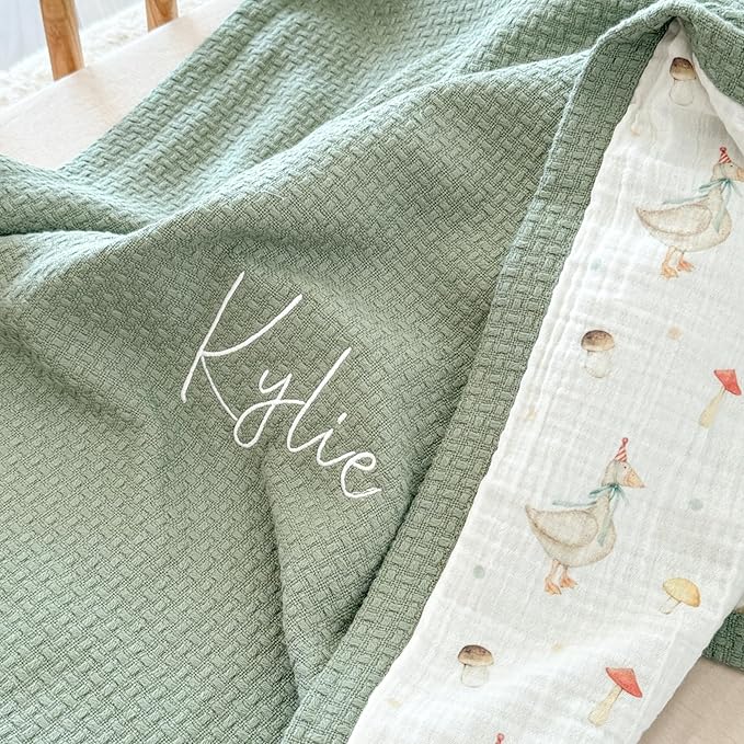 Personalized Baby Blanket with Name – Handmade 100% Organic Cotton Newborn Gift | Custom Knit Blanket for Boys, Girls, Kids & Baby Showers (Sage Green/Goose & Cap)