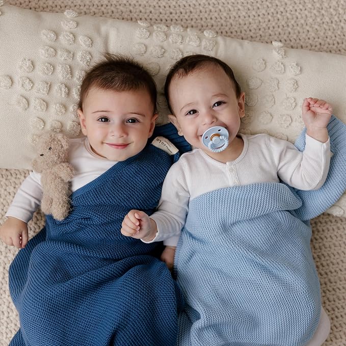 Organic Cotton Heritage Knit Receiving Blanket for Boys - 100% Luxury Soft Organic Cotton - Warm Cozy Swaddle Cuddle Blanket for Newborns Infants & Toddlers (0-2Yrs - Sky Blue)