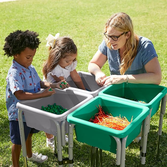 ECR4Kids 4-Station Sand and Water Adjustable Play Table, Sensory Bins, Grey/Emerald