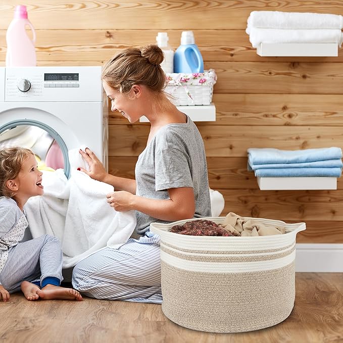Large Cotton Rope Basket Blankets Basket Living Room 22"x14" Toy Baskets for Kids Rope Storage Basket for Nursery Woven Laundry Baskets for Clothes Towels Baby Toy Storage round white brown