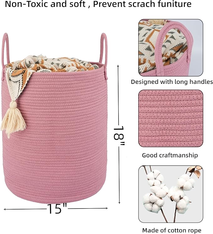 Cotton Rope Laundry Basket Hamper for Clothes Woven Storage Basket for Living Room Bedroom Boho Tall Rope Baskets for Blanket Toys Pillow Towels Baby Nursery Hamper Bin grape purple