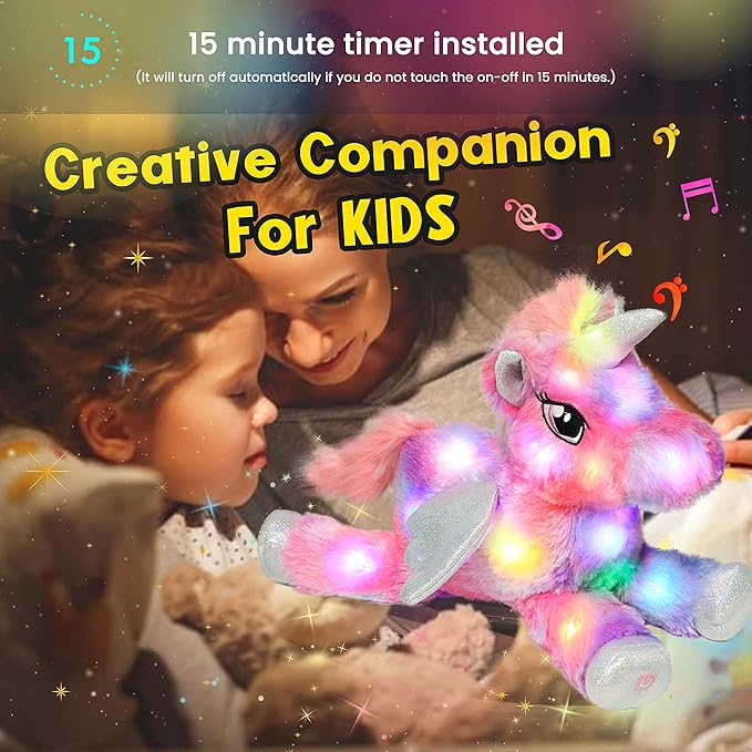 Hopearl Colorful LED Musical Stuffed Unicorn Lighting Up Singing Plush Toy Adjustable Volume Lullaby Animated Soothe Birthday Festival for Kids Toddler Girls, Rainbow, 16''