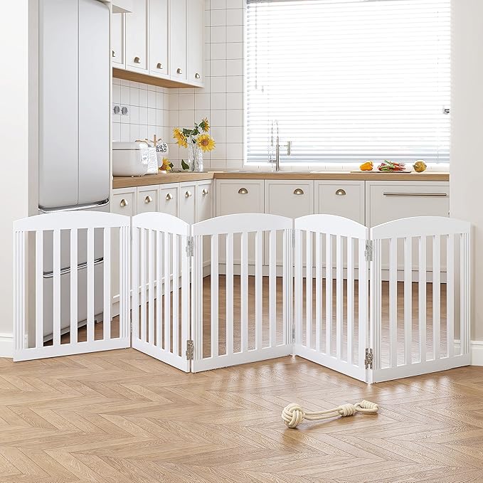 SPIRICH 120" Extra Wide 28" Tall Dog Gate Indoor, Dog Gates for Doorways, Stairs, The House, Wooden Freestanding Foldable Pet Gate, Step Over Puppy Gate, 5 Panels, White
