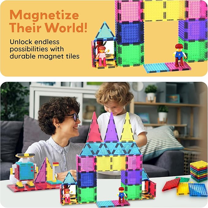PicassoTiles 63pc Magnetic Tile Building Block Set with 2 Character Figures STEM 3D Construction Educational Toy for Kid Toddlers Boys Girls Age 3 Plus Montessori Learning Playset Creativity Kit PTL63