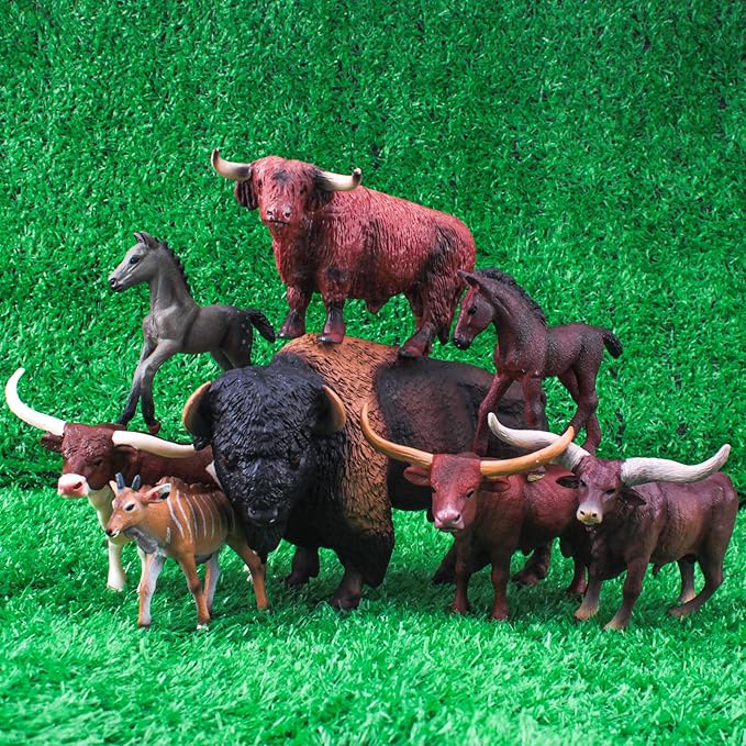 Bull Toys Playset: 8pc Longhorn, Cows, Horses & Antelope Figures for Kids' Parties & Toddlers Collection