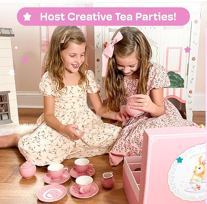 Jewelkeeper Tea Set for Little Girls - 14-Piece Porcelain Tea Party Set for Children Includes Teapot, Cups, Saucers, Creamer, and Sugar Bowl - Pink Polka Dot Design