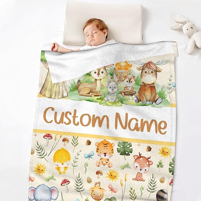 Personalized Baby Blanket with Name for Girls Boys - Custom Swaddle for Toddlers, Infants, Newborns - Animals Theme Nursery, Stroller, Crib Decor - Shower, Birthday Gift