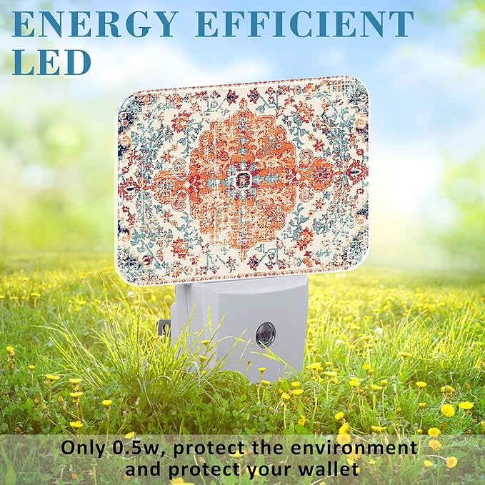 Retro Ethnic Texture Night Light Plug into Wall, Vintage Bohemian Night Light with Dusk to Dawn Sensor for Kid Girls Boys Women Men Bedroom, Hallway, Kitchen, Bathroom, Stairs Decor