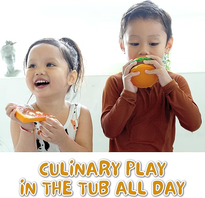 SplashEZ Food Bath Toys | Mold Free Bath Toys for Kids & Toddlers with No Hole for Water | Ideal Size for Little Hands | Safe, Durable for Baby Tub Ages 0 & Up | Ice Cream Taco Hamburger Hot Dog Pizza