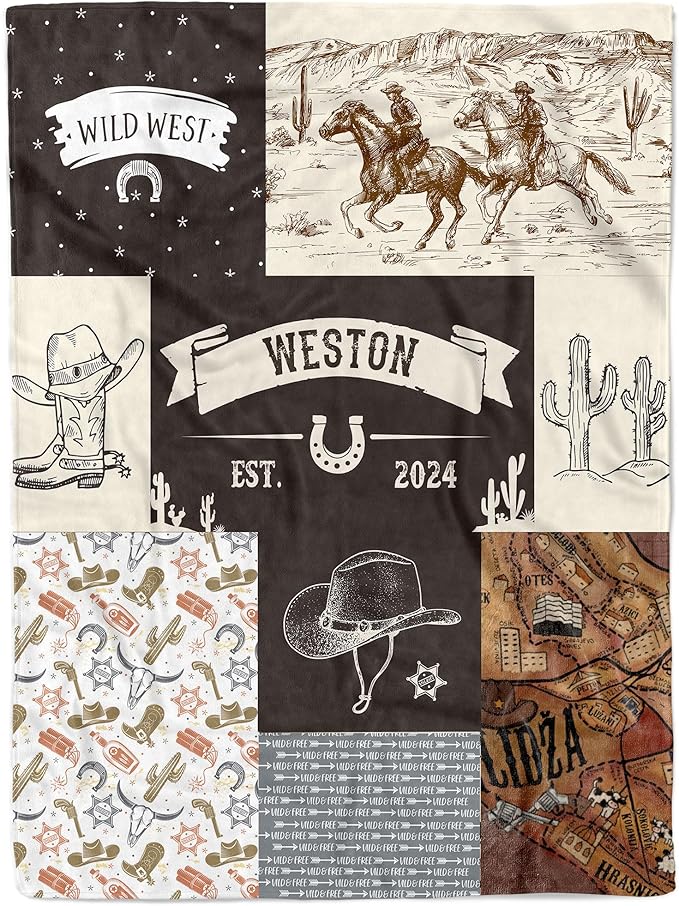 MDPrints Western Personalized Baby Blankets for Boys, Custom Baby Name Blanket, Customized Newborn Boy Gift, Woodland Nursery Decor