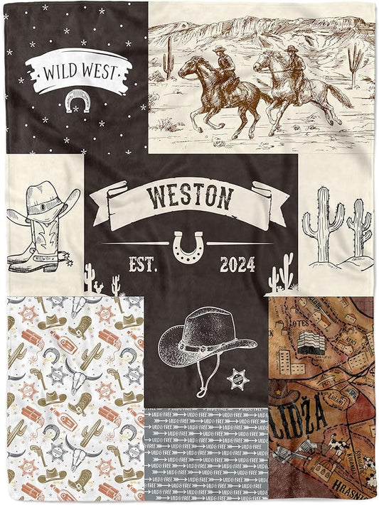 MDPrints Western Personalized Baby Blankets for Boys, Custom Baby Name Blanket, Customized Newborn Boy Gift, Woodland Nursery Decor