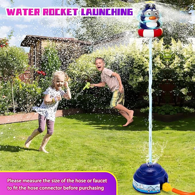 Kids Water Sprinkler Rocket Launcher – Outdoor Water Toys for Summer Backyard Play, Spinning Splash Penguin Rocket for Boys Girls Ages 3-12, Fun Gift for Garden Lawn Birthday