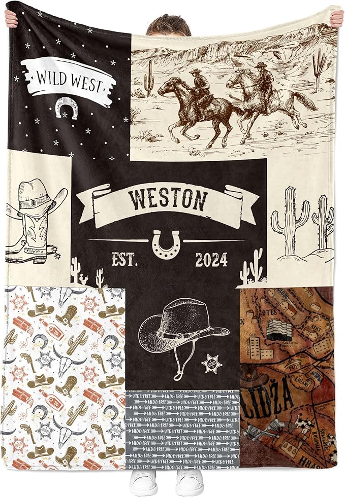 MDPrints Western Personalized Baby Blankets for Boys, Custom Baby Name Blanket, Customized Newborn Boy Gift, Woodland Nursery Decor