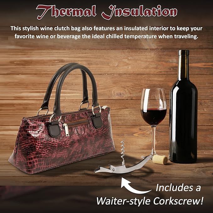 Wine Clutch Bag (Thermal Insulated) Trendy Women’s Carry Tote | Holds Red & White 750mL Bottles | Trendy Fashion | Incl. Portable Waiter-Style Corkscrew