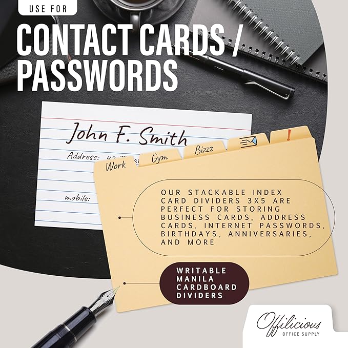 25 Heavyweight Manila Index Card Box Dividers with Tabs & 108 Stickers, Alphabetical File Dividers for 5x8 Index Card Box