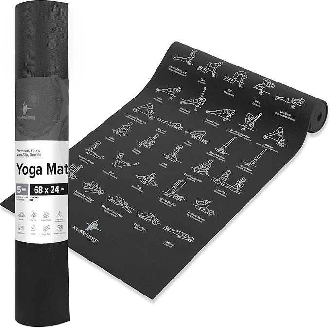 NewMe Fitness Yoga Mat for Women and Men - Large, 5mm Thick, 68 Inch Long, Non Slip Exercise Mats w/ 70 Printed Yoga Poses for Pilates, Workout and Stretching - Home and Gym Essentials