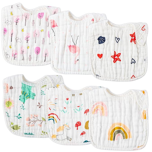 Zainpe 6Pcs Snap Muslin Cotton Bibs for Baby Rainbow Unicorn Flamingo Machine Washable Burp Cloths with 6 Absorbent Soft Layers for Girl&Boy Infant Newborn Toddler Feeding Drooling Teething