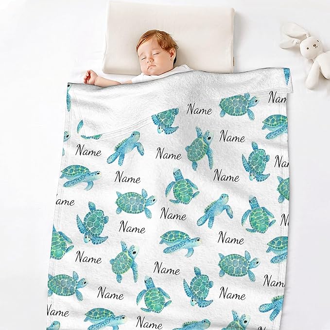 Personalized Baby Blanket for Girls Boys Turtle Custom Baby Blanket with Name Swaddle Blanket for Toddlers Infants Kids Shower Newborns Nursery Stroller Crib Decor Throw Birthday Gift