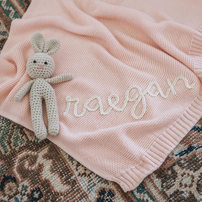 NAZENTI Personalized Hand Embroidered Baby Knit Blanket, Custom Baby Name, Newborn Baby Gifts, Cotton Knit Stroller Blanket, Custom Gifts for Birthday Baby Boys Baby Girls #16