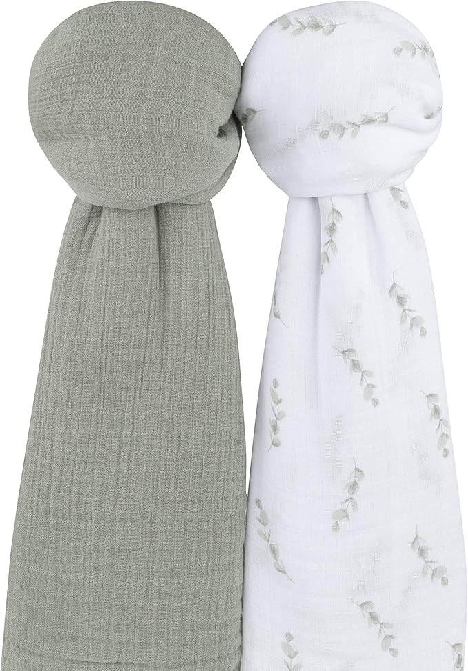 Ely's & Co. Muslin Swaddle Blanket 2-Pack — 100% Cotton Muslin Extra-Large Swaddle Blankets (47” x 47”) Watercolor Eucalyptus Print & Solid Sage