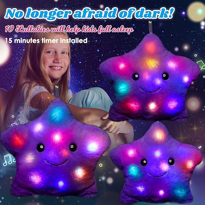 Cuteoy 13" Musical Purple Star Plush Pillow Glowing Twinkle Night Light Stuffed Animal LED Toys Adjustable Volume Birthday for Girls Boys