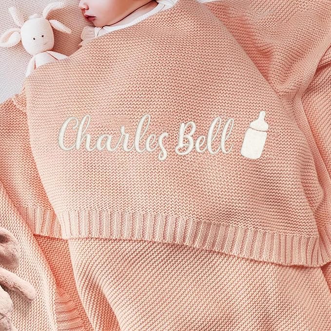 Luxury Personalized Name Knitted Baby Blanket - Embroidered, Soft Breathable Cotton Knit for Newborns - Valentine's Gift for New Moms Baby Boy Girl Birthday Christmas