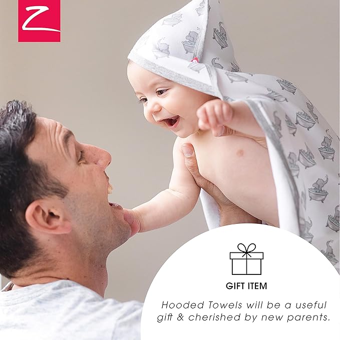 Zutano Hooded Baby Towels, Organic Cotton Baby Bath Towel, Ultra Soft and Absorbent Baby Towel for Newborn and Infant | Girl, Boy, and Unisex Towel Set, Elephant Bath Time, 1-Pack