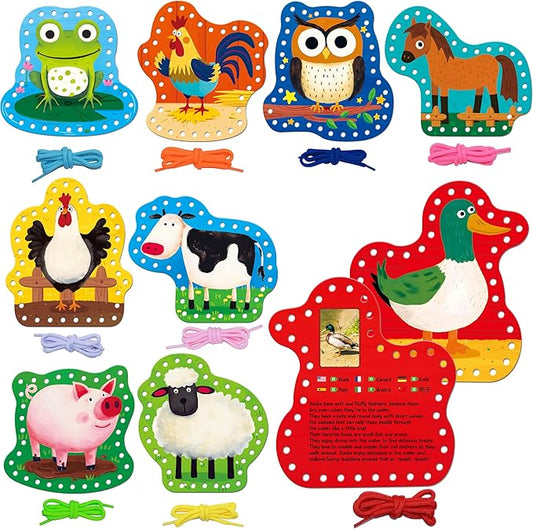 9 PCS Kids Lacing Cards, 9 Double Sided Farm Animals Sewing Cards with 9 Colorful Laces, Educational & Learning Toys for Preschoolers, Kids Ages 3+