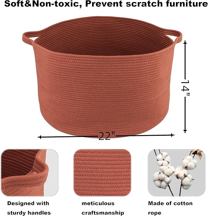 Large Cotton Rope Basket Blankets Basket Living Room 22"x14" Toy Baskets for Kids and Dogs Rope Storage Baskets for Nursery Woven Laundry Baskets for Clothes Towels Baby Toy round rustic