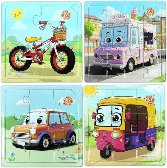 Butterfly EduFields 4-in-1 Vehicles Jigsaw Puzzle Set for Kids Age 3-7 | 38 Pcs Brain-Boosting Puzzle Toy with Coloring Worksheets for Boys & Girls | Preschool Learning
