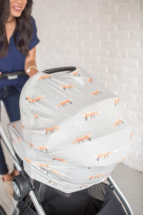 Baby Car Seat Cover Canopy and Nursing Cover Multi-Use Stretchy 5 in 1 Gift Grey with Foxes Copper by Copper Pearl