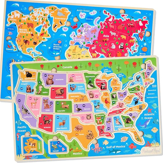 Montessori Mama Wooden Puzzles for Kids Ages 4-6, USA States and Capitols, World Continents and Oceans, Combo Set 2 Toddler Puzzles