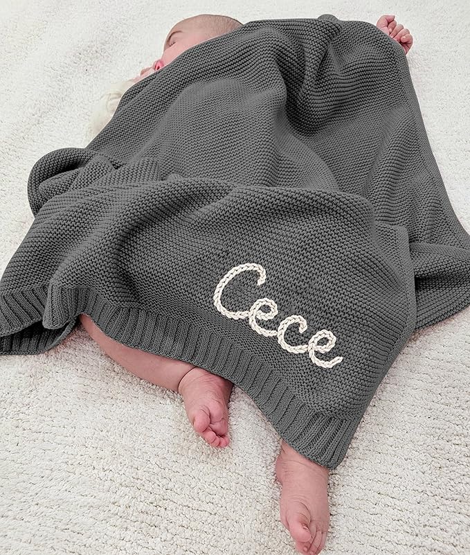 NAZENTI Personalized Embroidered Knit Baby Blanket, Custom Baby Blanket with Hand Embroidered Name, Newborn Gifts, Cotton Knit Blanket, Birthday Gift for Baby Boy Baby Girl #06