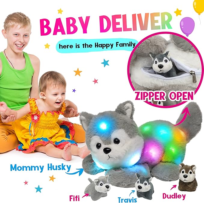 Hopearl LED Musical Stuffed Husky Lighting Up Singing Plush Toy Playset Mommy Dog with 3 Baby Puppies in her Tummy Lullaby Animated Soothe for Mom Toddler Girls, Gray, 17''