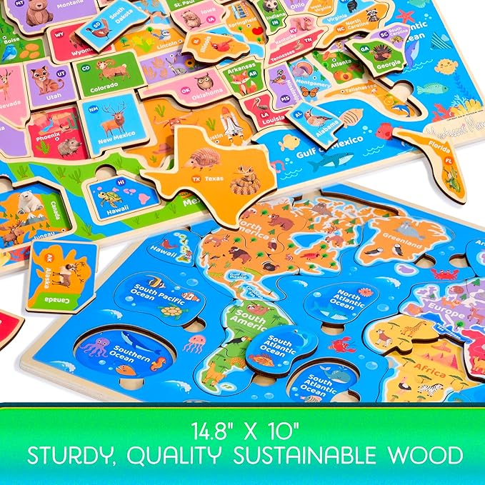 Montessori Mama Wooden Puzzles for Kids Ages 4-6, USA States and Capitols, World Continents and Oceans, Combo Set 2 Toddler Puzzles