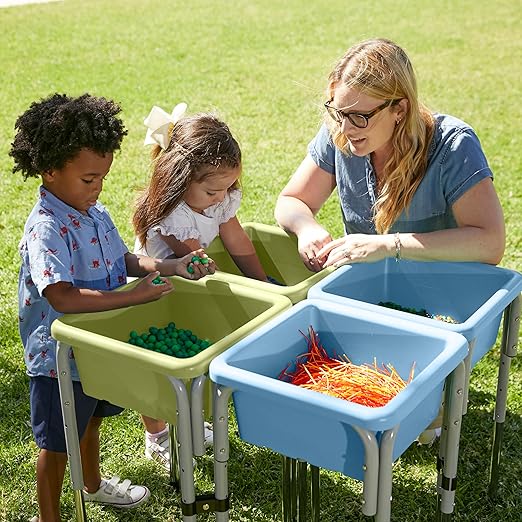 ECR4Kids 4-Station Sand and Water Adjustable Play Table, Sensory Bins, Fern Green/Powder Blue
