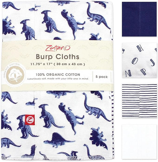 Zutano 5-Pack Organic Burp Cloths for Baby Girl & Boy, Large Cotton Burping Cloths for Babies | Absorbent Baby Spit-Up Rags | Gender Neutral Burp Clothes | Newborn Essentials, Dino Party