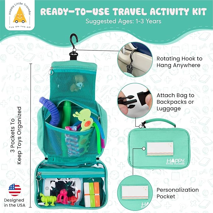 Travel Essentials for Kids – All-in-One Hanging Bag with Toddler Toys, Road Trip Activities for Kids, Sensory Toys & Travel Games for Airplane Trips, Car Rides - Boys & Girls 3+ Years, Toddler Seafoam